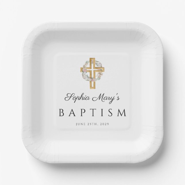 Elegant Floral Wreath Cross Baptism Paper Plate (Front)