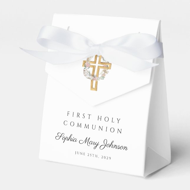 Elegant Floral Wreath Cross Girl First Communion Favor Box (Front Side)