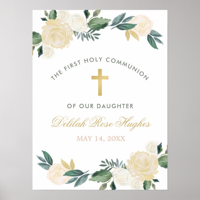 Elegant Floral Wreath First Communion Poster (Front)