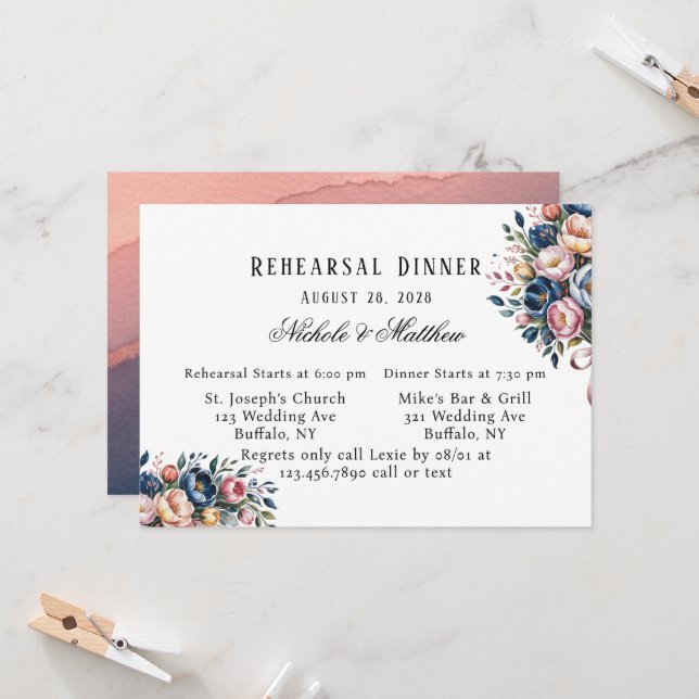 Elegant Floral Wreath For Rehearsal Dinner Invitation (Front/Back In Situ)