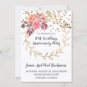 Elegant Floral Wreath Glitter 10th Wedding  Invitation