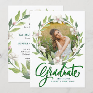 Elegant Floral Wreath Greenery Modern Graduation Invitation