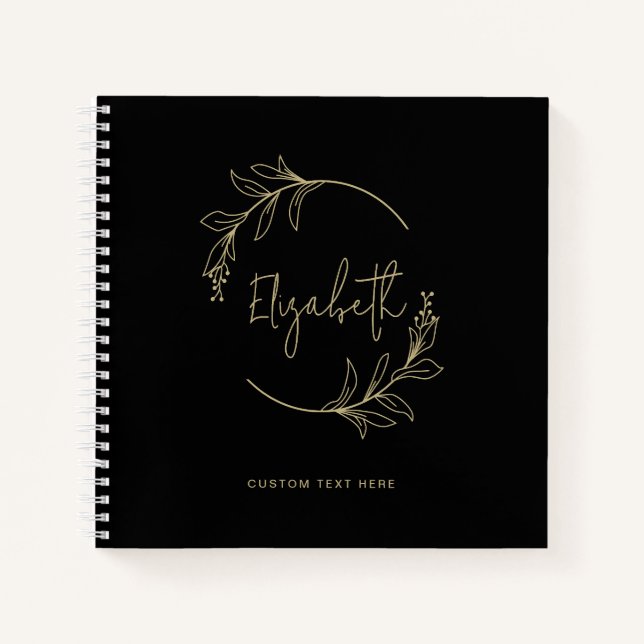 Elegant Floral Wreath Monogram Black Gold Notebook (Front)