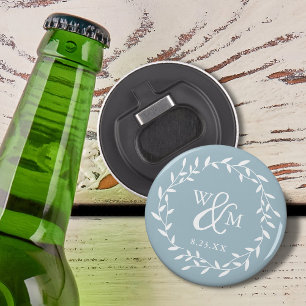Elegant Floral Wreath Monogram Dusty Blue Bottle Opener