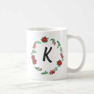 Elegant  Floral Wreath Monogram Initial Christmas  Coffee Mug