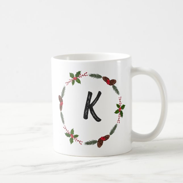Elegant  Floral Wreath Monogram Initial Christmas  Coffee Mug (Right)