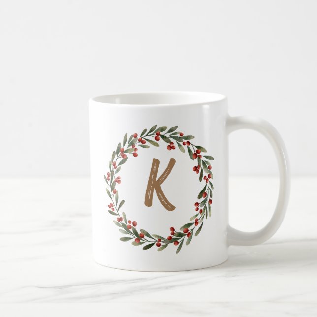 Elegant  Floral Wreath Monogram Initial Christmas  Coffee Mug (Right)