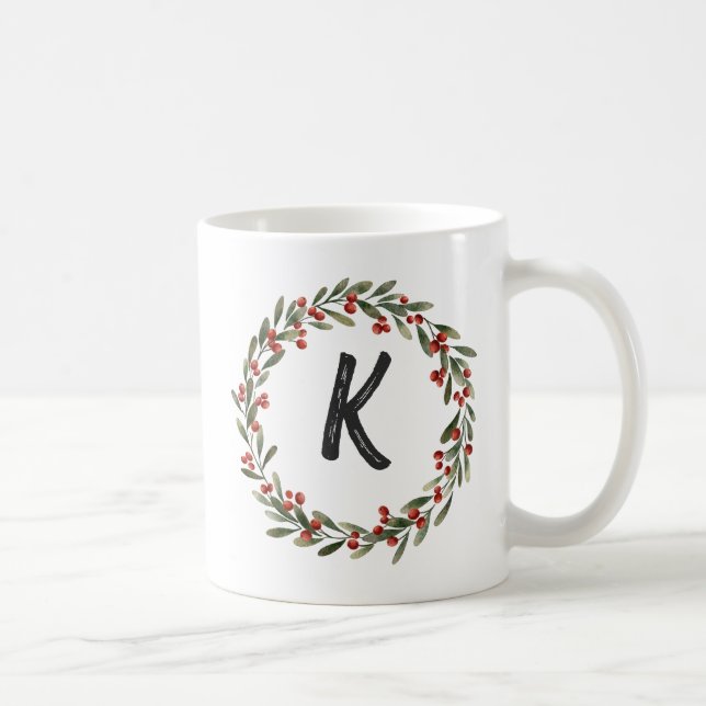 Elegant  Floral Wreath Monogram Initial Christmas  Coffee Mug (Right)