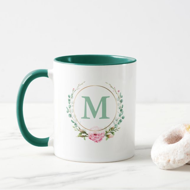 Elegant Floral Wreath Monogram Pink Rose Mug (With Donut)
