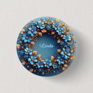 Elegant Floral Wreath of Blue and Golden Elements 1 Inch Round Button