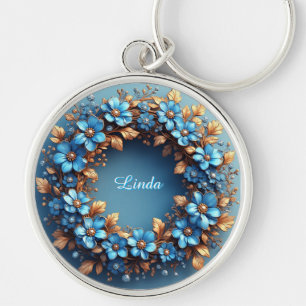 Elegant Floral Wreath of Blue and Golden Elements Keychain
