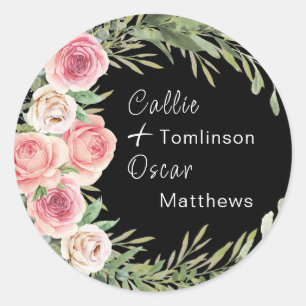 Elegant Floral Wreath on Black Wedding Classic Round Sticker