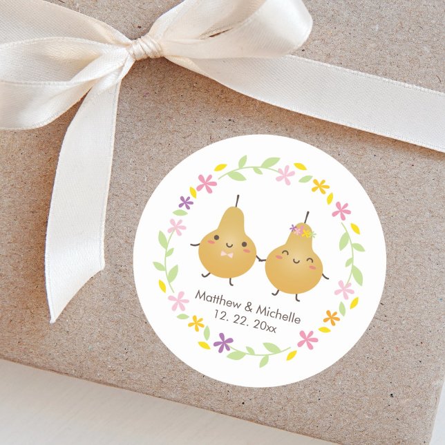 Elegant Floral Wreath Perfect Pear Cute Wedding Classic Round Sticker (Creator Uploaded)