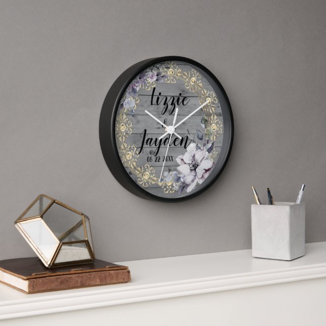 Elegant Floral Wreath Rustic Wedding    Clock (Office)