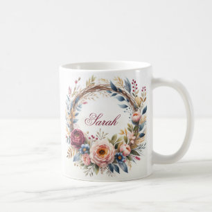 Elegant Floral Wreath Watercolor  Personalized Nam Coffee Mug
