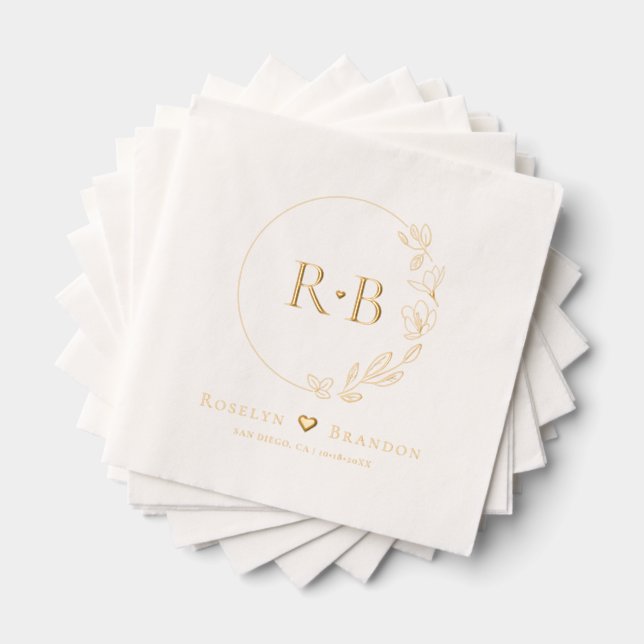 Elegant Floral Wreath wedding Monogram Custom  Foil Napkins (Insitu (Stacked))