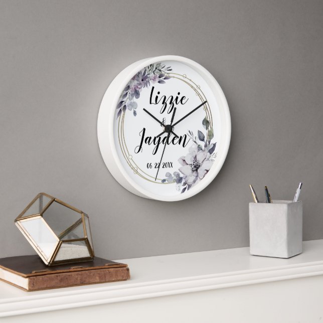 Elegant Floral Wreath  Wedding Personalized   Clock (Office)