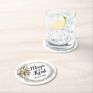 Elegant Floral Wreath Wedding Personalized Round Paper Coaster