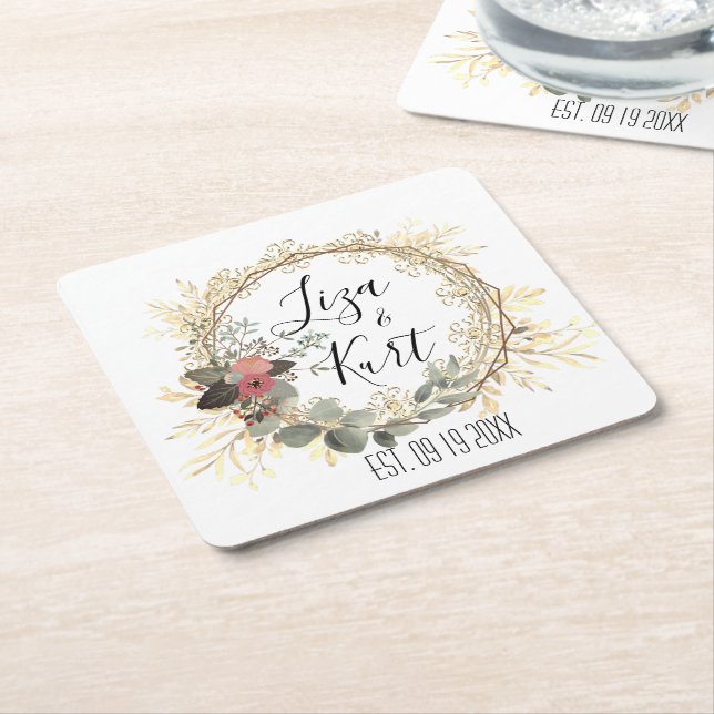 Elegant Floral Wreath Wedding Personalized    Square Paper Coaster (Angled)