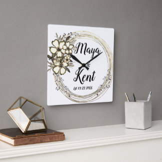 Elegant Floral Wreath  Wedding   Square Wall Clock