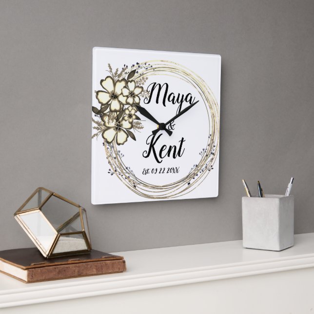 Elegant Floral Wreath  Wedding   Square Wall Clock (Office)