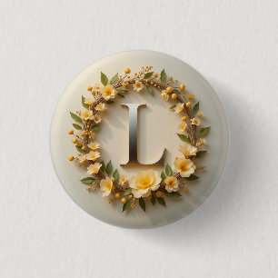 Elegant Floral Wreath with Golden Letter L 1 Inch Round Button