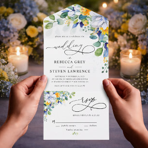 Elegant floral yellow and blue watercolor wedding all in one invitation