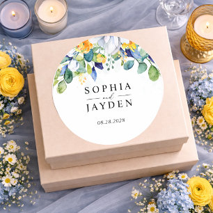 Elegant floral yellow and blue watercolor wedding classic round sticker