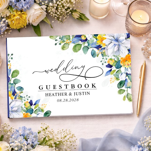 Elegant floral yellow and blue watercolor wedding guest book (Creator Uploaded)