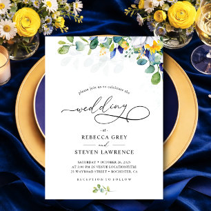 Elegant floral yellow and blue watercolor wedding  invitation