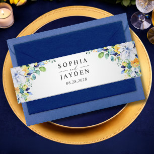 Elegant floral yellow and blue watercolor wedding invitation belly band