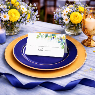 Elegant floral yellow and blue watercolor wedding place card