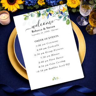 Elegant floral yellow and blue watercolor wedding program