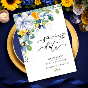 Elegant floral yellow and blue watercolor wedding save the date