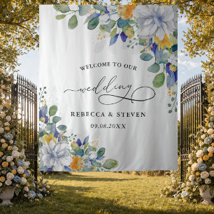 Elegant floral yellow and blue watercolor wedding tapestry