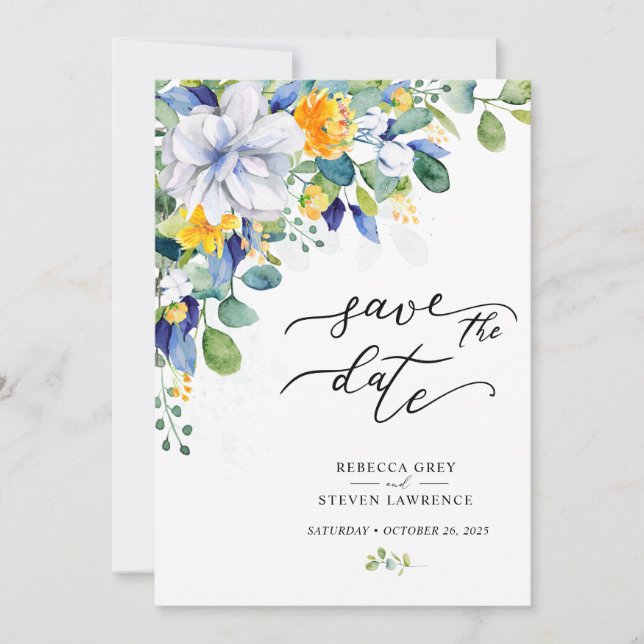 Elegant floral yellow blue wedding photo save the date (Front)