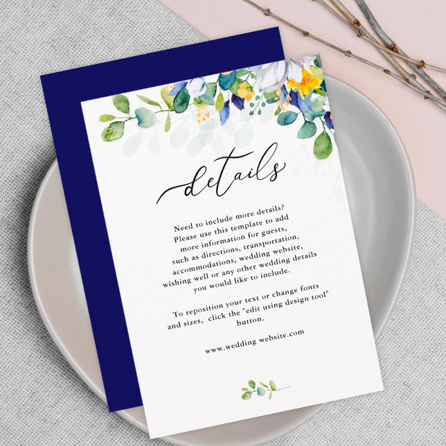 Elegant floral yellow blue white wedding  enclosure card (Creator Uploaded)