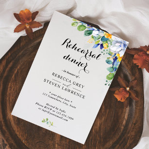 Elegant floral yellow blue white wedding rehearsal invitation