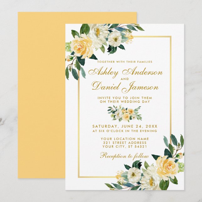 Elegant Floral Yellow Gold White Wedding Invitation (Front/Back)