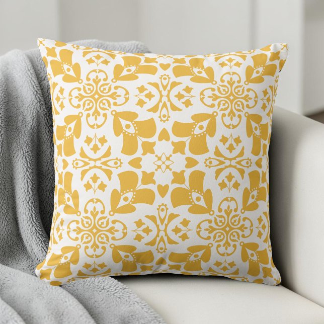 Elegant Floral Yellow Pattern Modern Symmetrical Throw Pillow (Elegant Floral Yellow Pattern Modern Symmetrical Throw Pillow)