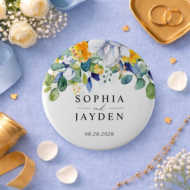 Elegant floral yellow white blue wedding 4 inch round button (Creator Uploaded)
