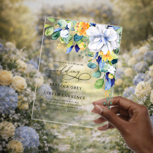 Elegant floral yellow white blue wedding  acrylic invitations
