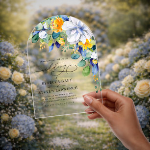 Elegant floral yellow white blue wedding arched acrylic invitations