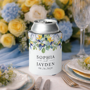 Elegant floral yellow white blue wedding can cooler