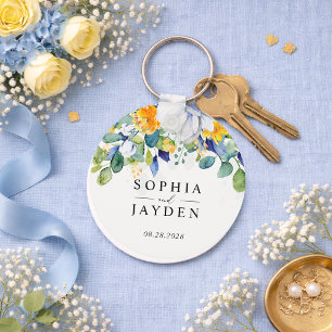 Elegant floral yellow white blue wedding keychain