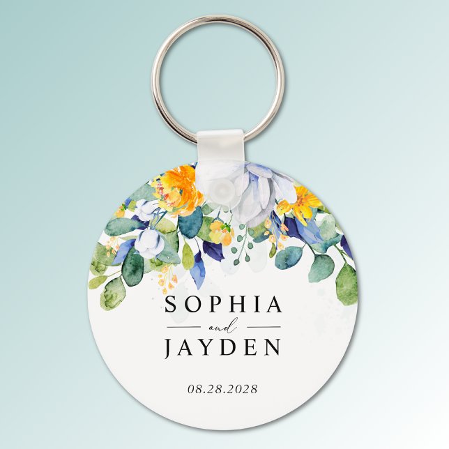 Elegant floral yellow white blue wedding keychain (Creator Uploaded)
