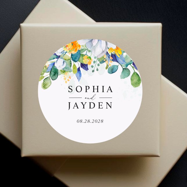 Elegant floral yellow white blue wedding monogram  classic round sticker (Creator Uploaded)