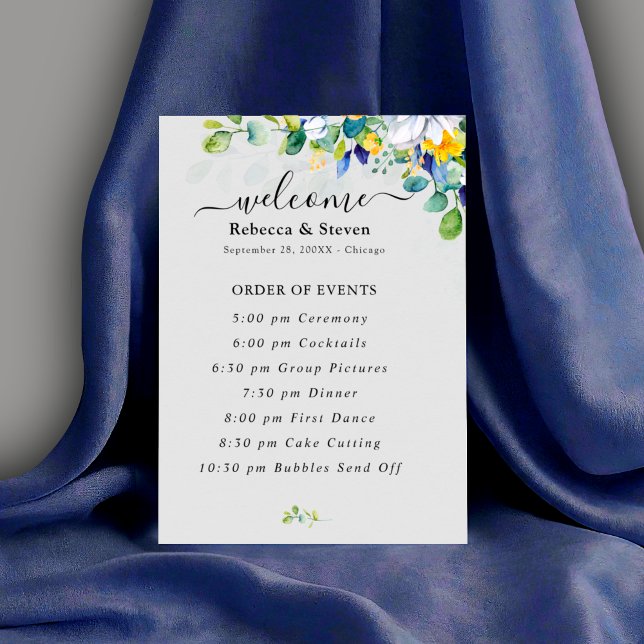 Elegant floral yellow white blue wedding  program (Creator Uploaded)