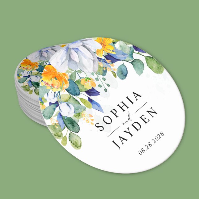 Elegant floral yellow white blue wedding round paper coaster (Creator Uploaded)