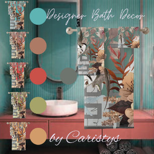 Elegant Florals, Birds, Geometrics on Green/Teal Bath Towel Set